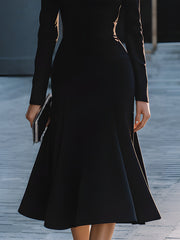 Black Off-Shoulder Midi Dress With Floral Embellishment