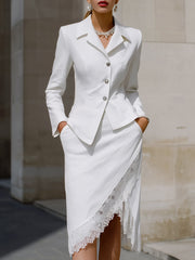 Tailored Blazer And Lace-Trim Asymmetric Skirt Set