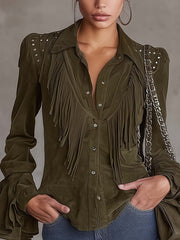Olive Green Faux Suede Fringe Studded Blouse