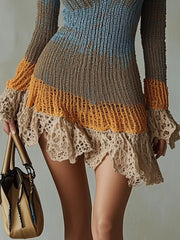 Multicolor Knit Mini Dress With Lace Ruffle Trim
