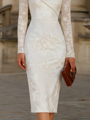 One-Shoulder Lace-Sleeve Jacquard Midi Dress