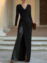 Draped Cowl-Neck Sequin-Panel Evening Gown