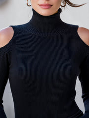Cutout Shoulder Ribbed Turtleneck Sweater