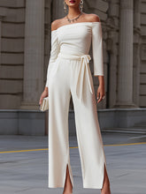 Asymmetric Off-Shoulder Belted Wide-Leg Jumpsuit