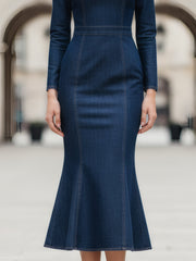 Dark Indigo Tailored Denim Midi Dress