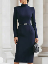 Elegant Navy Turtleneck Sheath Midi Dress With Belted Waist