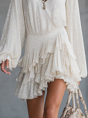 Shimmering Ruffled Mini Dress With V-Neckline And Long Lantern Sleeves In Ivory