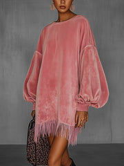 Oversized Pink Fringe Crew Neck Dress