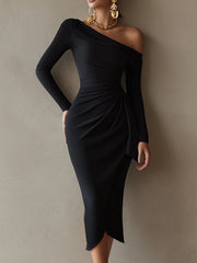 Black One-Shoulder Draped Bodycon Midi Dress