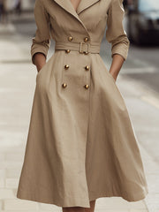 Beige Double-Breasted Belted Trench Coat Dress With Gold Buttons