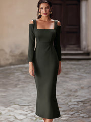 Off-Shoulder Square-Neck Fitted Midi Dress