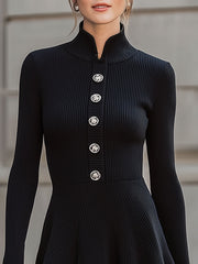 Elegant Black Ribbed Knit High-Neck Mini Dress