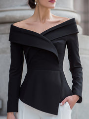 Black Off-Shoulder Structured Peplum Top With Asymmetric Hem