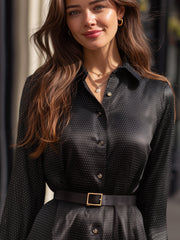 Belted Button-Front Shirt Dress With Subtle Dots
