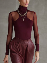 Red Sheer Mesh Panel High Neck Bodysuit T-shirt