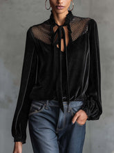 Black Sparkle Velvet Blouse With Mesh Patchwork