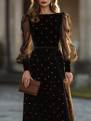 Embellished Sheer-Sleeve A-Line Midi Dress