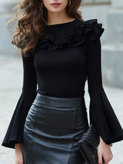 Ruffled Neckline Long-sleeve Top