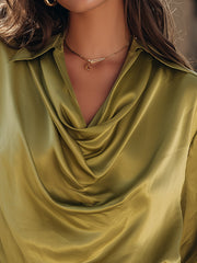 Elegant Olive-green Draped Satin Blouse