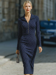Elegant Navy Polka Dot Zip-Front Midi Sheath Dress