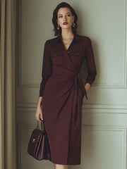Burgundy Wrap-Front Shirt Dress With Draped Waist
