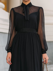 Black Sheer Bow-Neck Chiffon Midi Dress