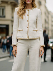 Ivory Tweed Wide-Leg Suit Set With Gold Trim