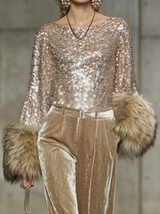 Golden Sequin Chiffon Shirt With Faux Fur Cuff Detail
