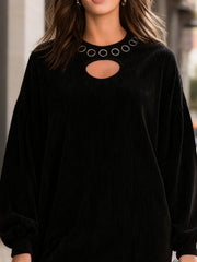 Edgy Black Corduroy O-Ring Detail Mini Dress