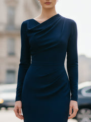 Navy Draped Midi Dress