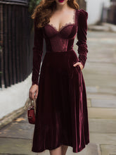 Burgundy Lace-Corset Velvet Midi Dress