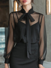 Black Sheer Bow-Tie Blouse With Draped Neckline