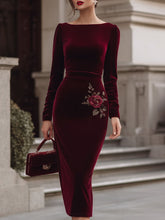Elegant Burgundy Velvet Boat Neck Midi Dress With Floral Embroidery