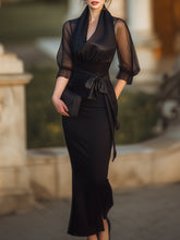 Sheer-Drape Waist-Tie Evening Dress