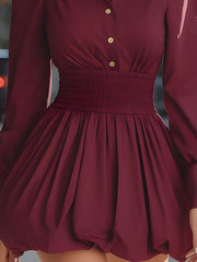 Burgundy Shirt Collar Smocked Waist Balloon Hem Mini Dress