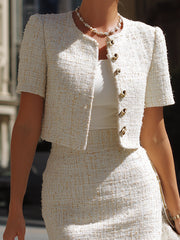 Elegant Tweed Cropped Jacket And Skirt Set