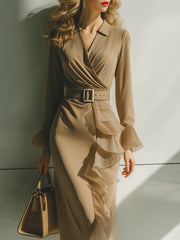 Khaki Long-Sleeve Wrap Midi Dress With Pleated Ruffle Trim