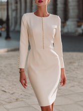 Elegant Pearl-Trim Long-Sleeve Sheath Dress