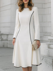 Ivory Long-Sleeve A-Line Midi Dress With Contrast Piping