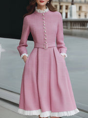 Elegant Tweed Midi Dress With Pearl Buttons And Pleated Trim