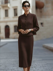 Deep Mocha Midi Skirt Suit With Stand Collar