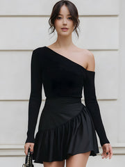 Black One-Shoulder Ribbed Knit Ruffle Hem Mini Dress