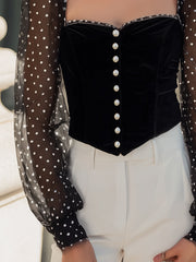 Black Velvet Corset Top With Polka-Dot Mesh Sleeves