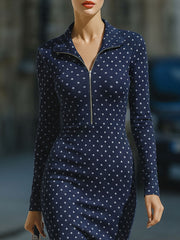 Elegant Navy Polka Dot Zip-Front Midi Sheath Dress