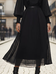 Black Long-Sleeve Ruffled High-Neck Pleated Midi Dress