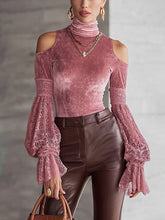 Pink Velvet Cold Shoulder High Neck Shirt With Lace Puff Sleeves