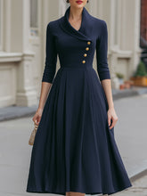 Navy Blue Shawl Collar Midi Dress