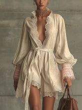 Beige Lace Trim V-Neck Tie Front Mini Dress