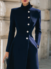 Elegant Navy Stand - Collar Maxi Coat