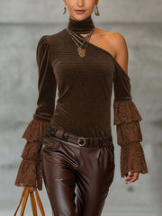 Brown One-Shoulder Velvet Top With Lace Tiered Sleeves